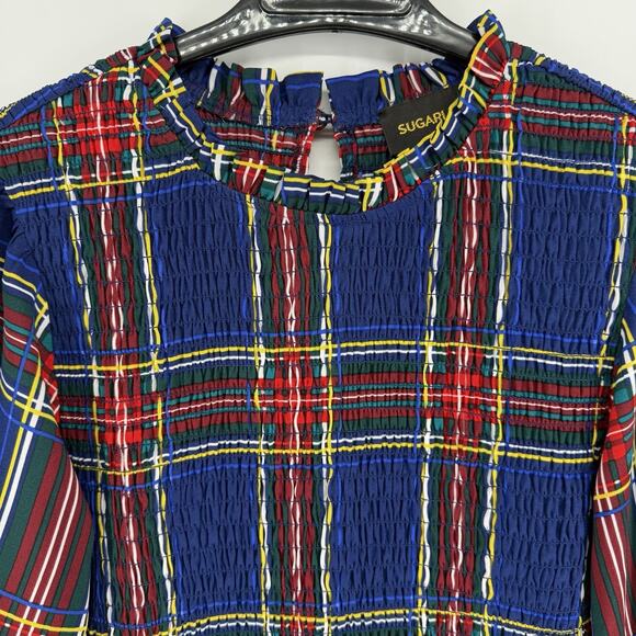 Sugarlips Lakeview Blue Red Plaid Smocked Tiered Maxi Dress Womens Size Medium - Picture 6 of 13